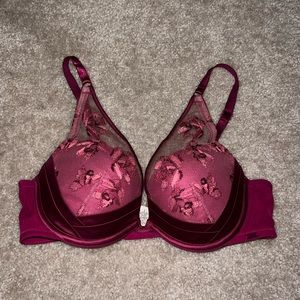 Calvin Klein magenta silk, mesh, and lace push up bra pink and purple embroidery